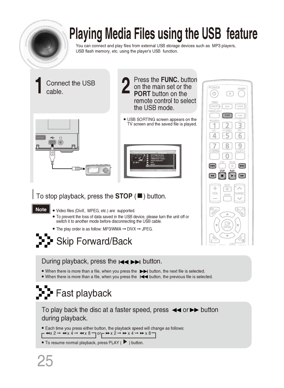 Samsung MM-DG35T/XSA, MM-DG35T/SAM manual Playing Media Files using the USB feature, Connect the USB cable 