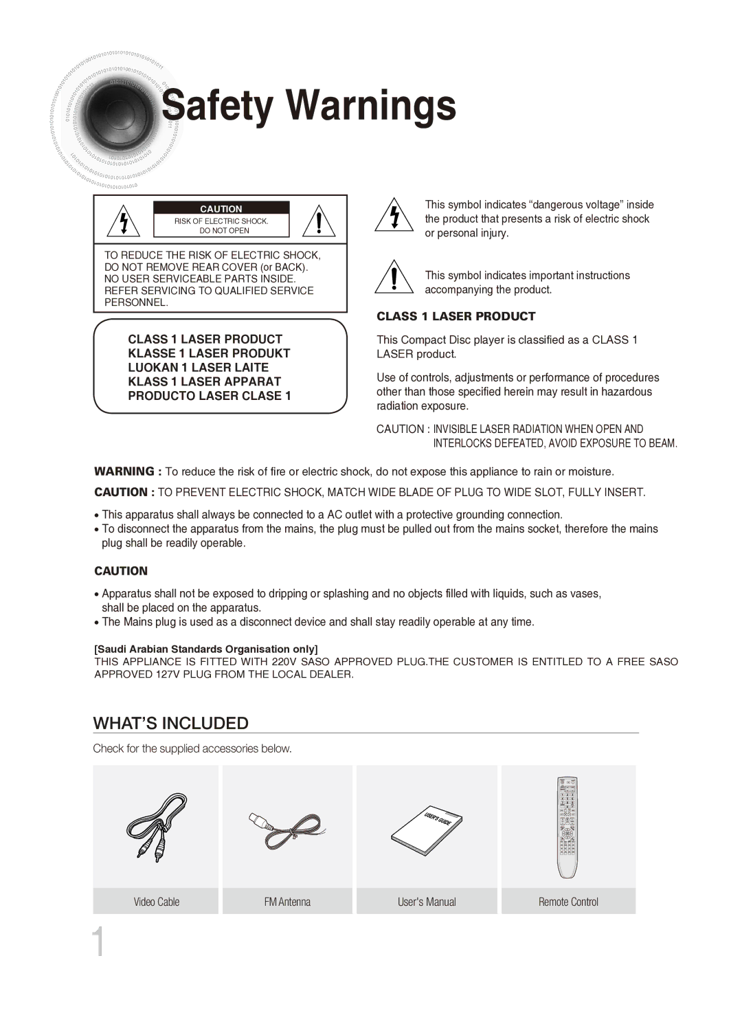 Samsung MM-DG35T/XSA, MM-DG35T/SAM manual Safety Warnings, Class 1 Laser Product 