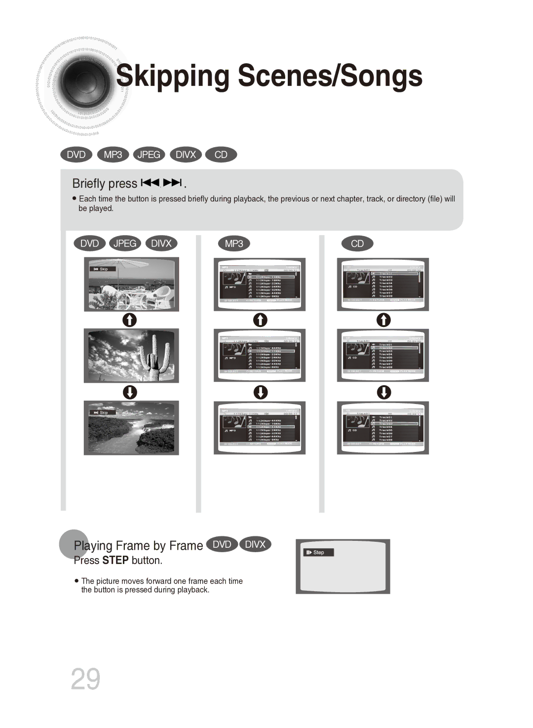 Samsung MM-DG35T/XSA, MM-DG35T/SAM manual Skipping Scenes/Songs, Briefly press, Playing Frame by Frame DVD Divx 