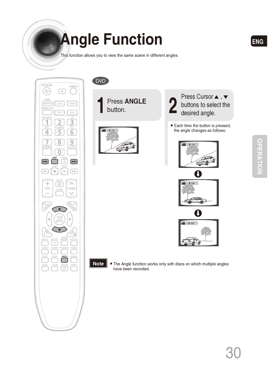 Samsung MM-DG35T/SAM, MM-DG35T/XSA manual Angle Function, 1Press Angle button 