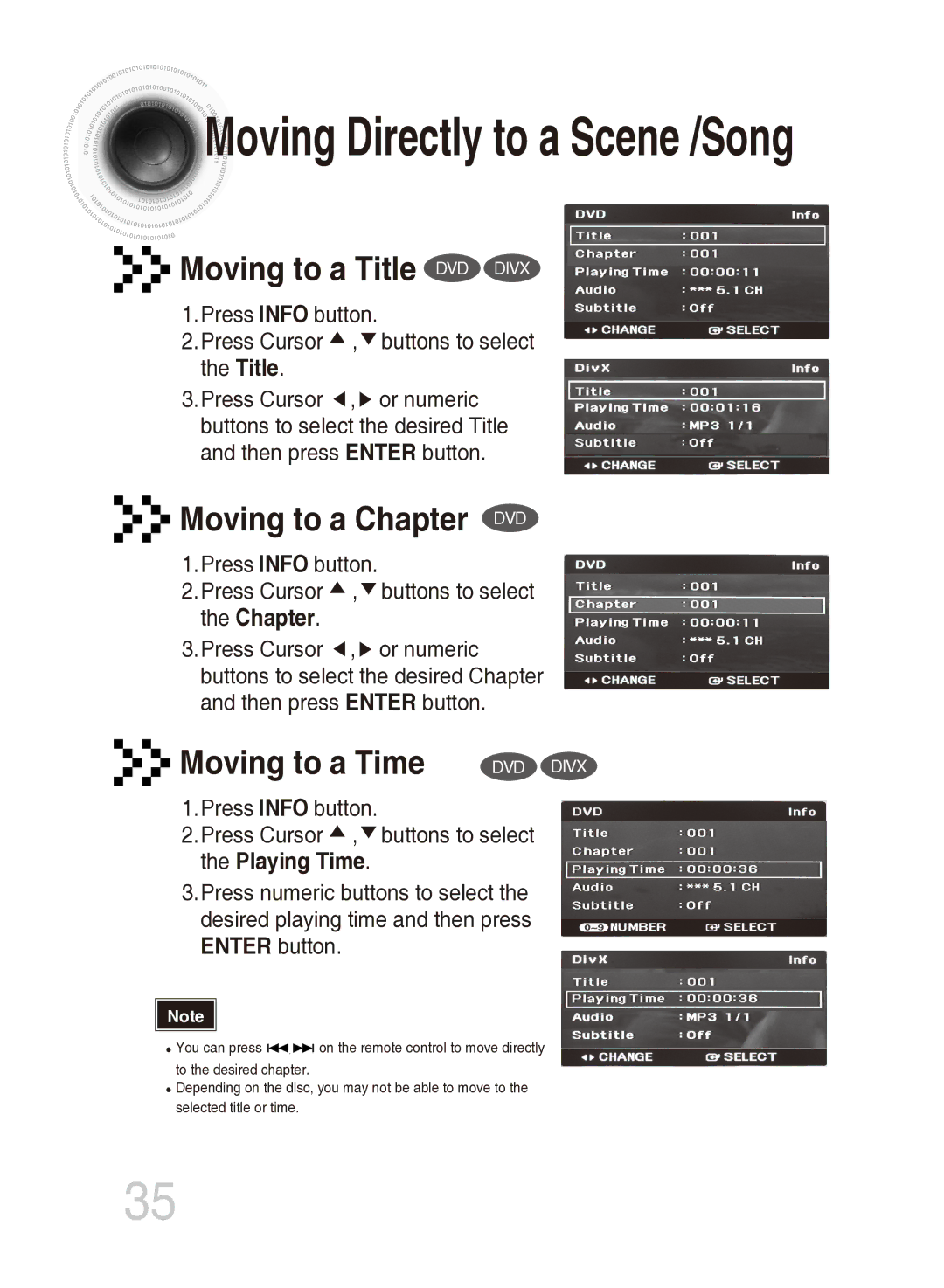 Samsung MM-DG35T/XSA, MM-DG35T/SAM manual Moving to a Title DVD Divx, Moving to a Chapter DVD 