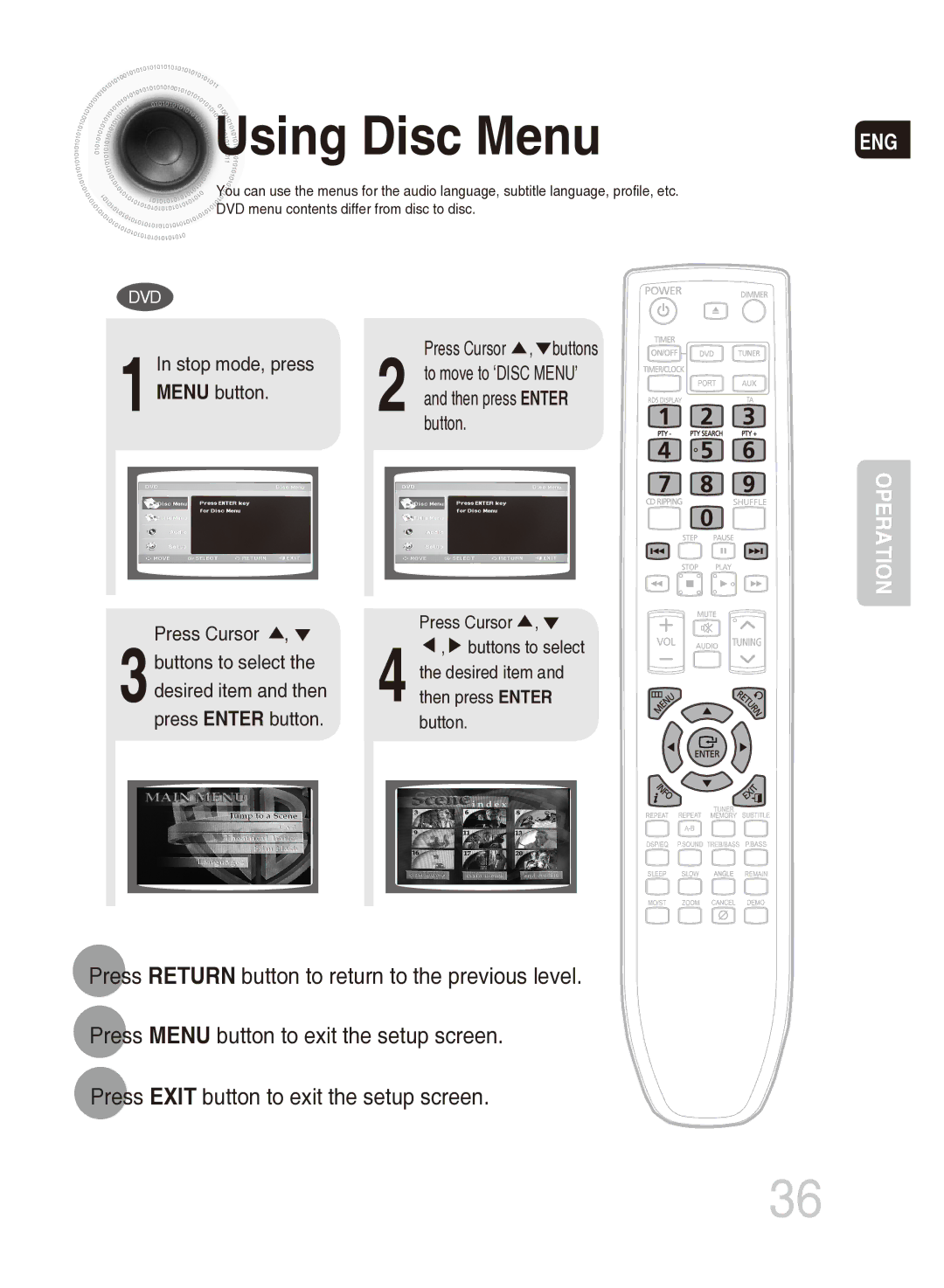 Samsung MM-DG35T/SAM, MM-DG35T/XSA manual Using Disc Menu, Press Cursor , buttons 