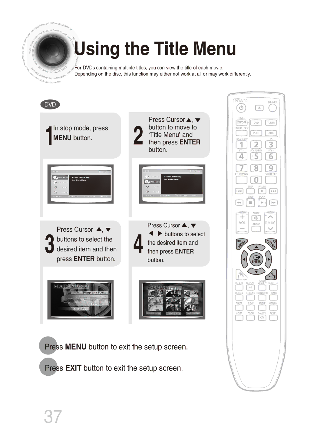 Samsung MM-DG35T/XSA, MM-DG35T/SAM manual Using the Title Menu 