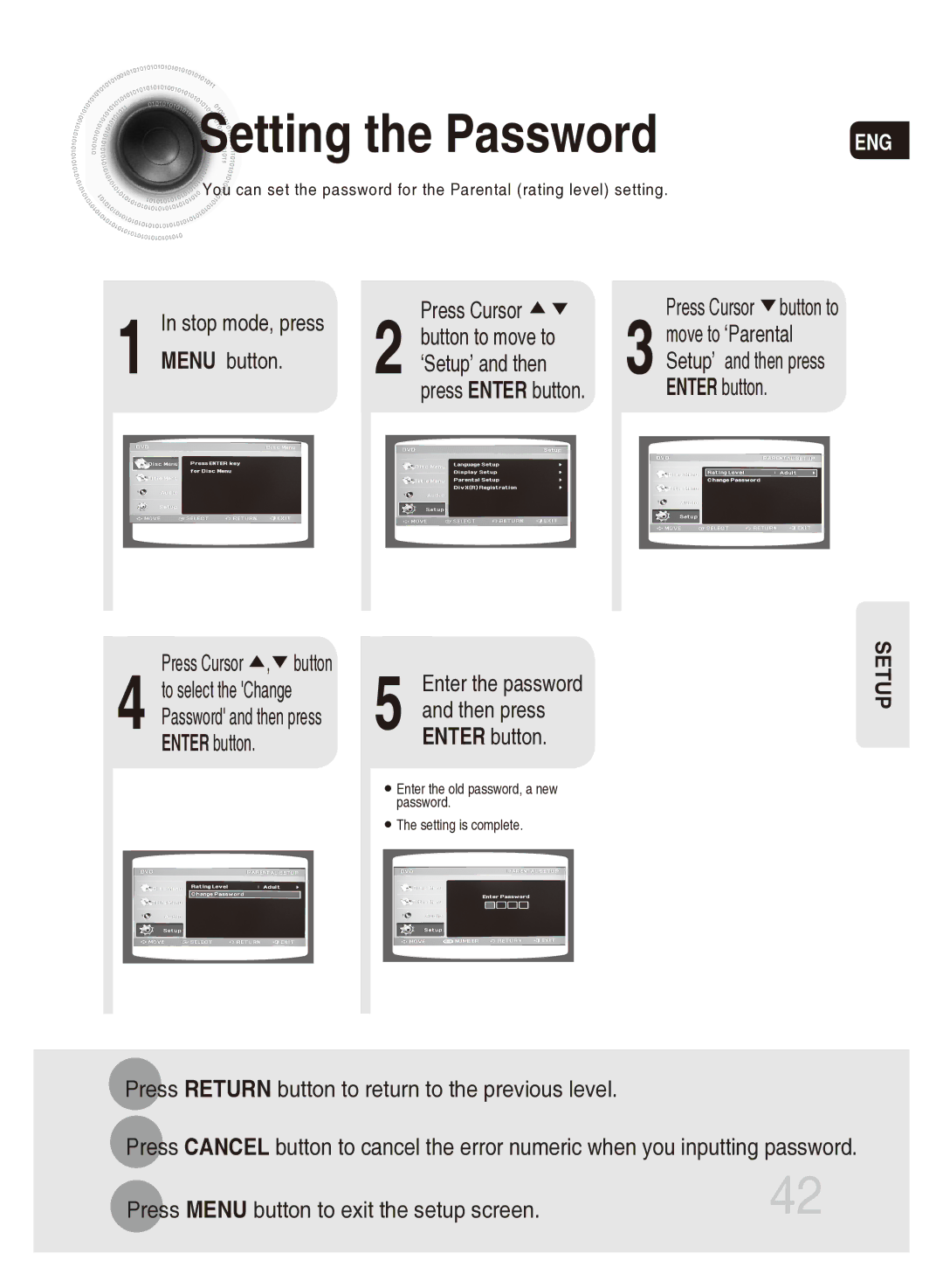 Samsung MM-DG35T/SAM, MM-DG35T/XSA manual Setting the Password, Then press 