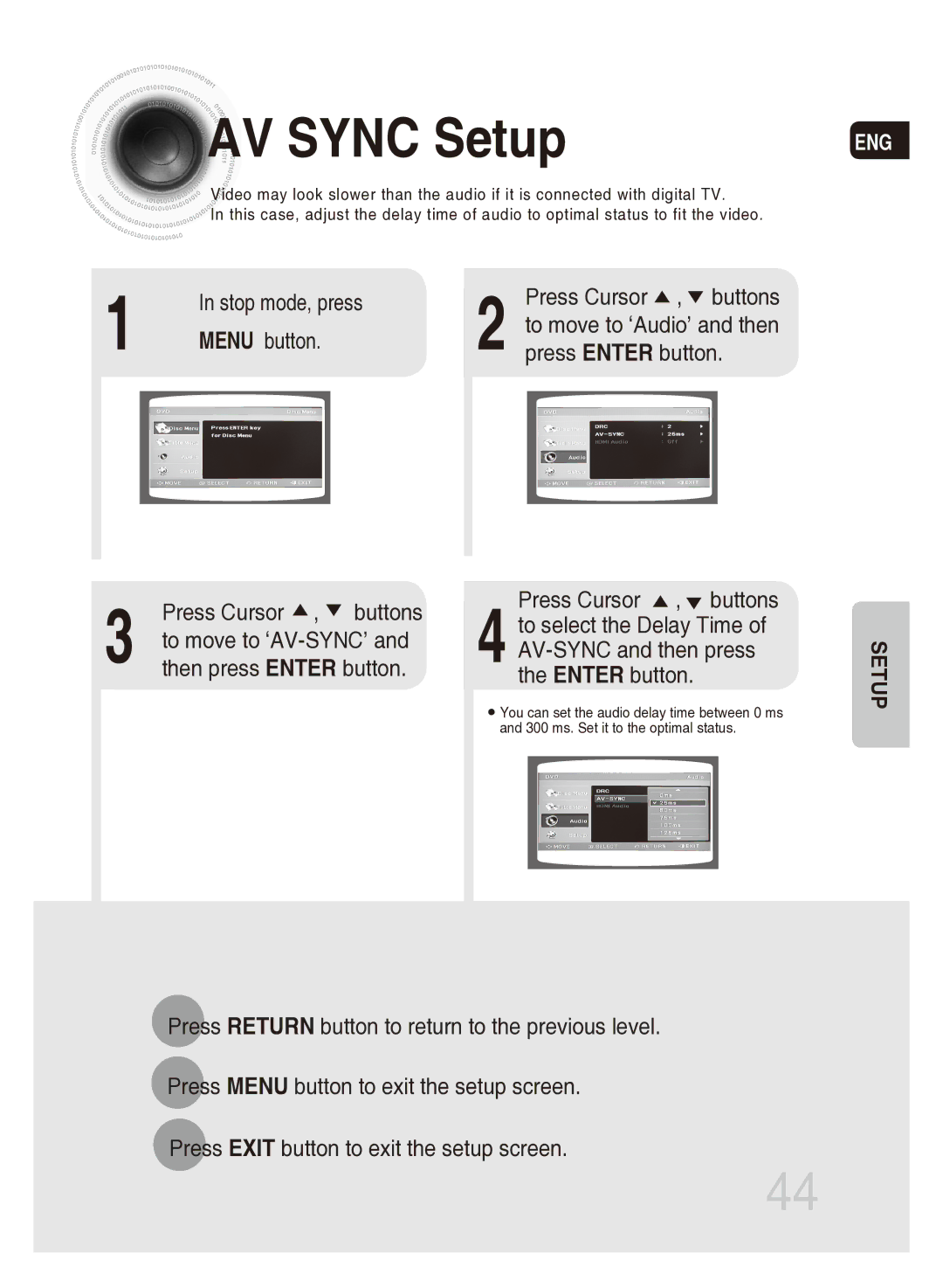 Samsung MM-DG35T/SAM, MM-DG35T/XSA AV Sync Setup, Stop mode, press Press Cursor , buttons Menu button, Press Enter button 