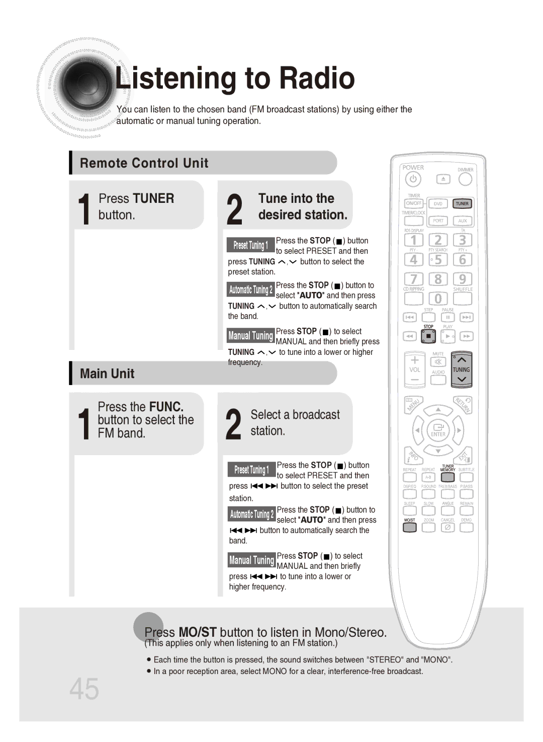 Samsung MM-DG35T/XSA, MM-DG35T/SAM manual Listening to Radio, Remote Control Unit, Tune into, Main Unit, Press 