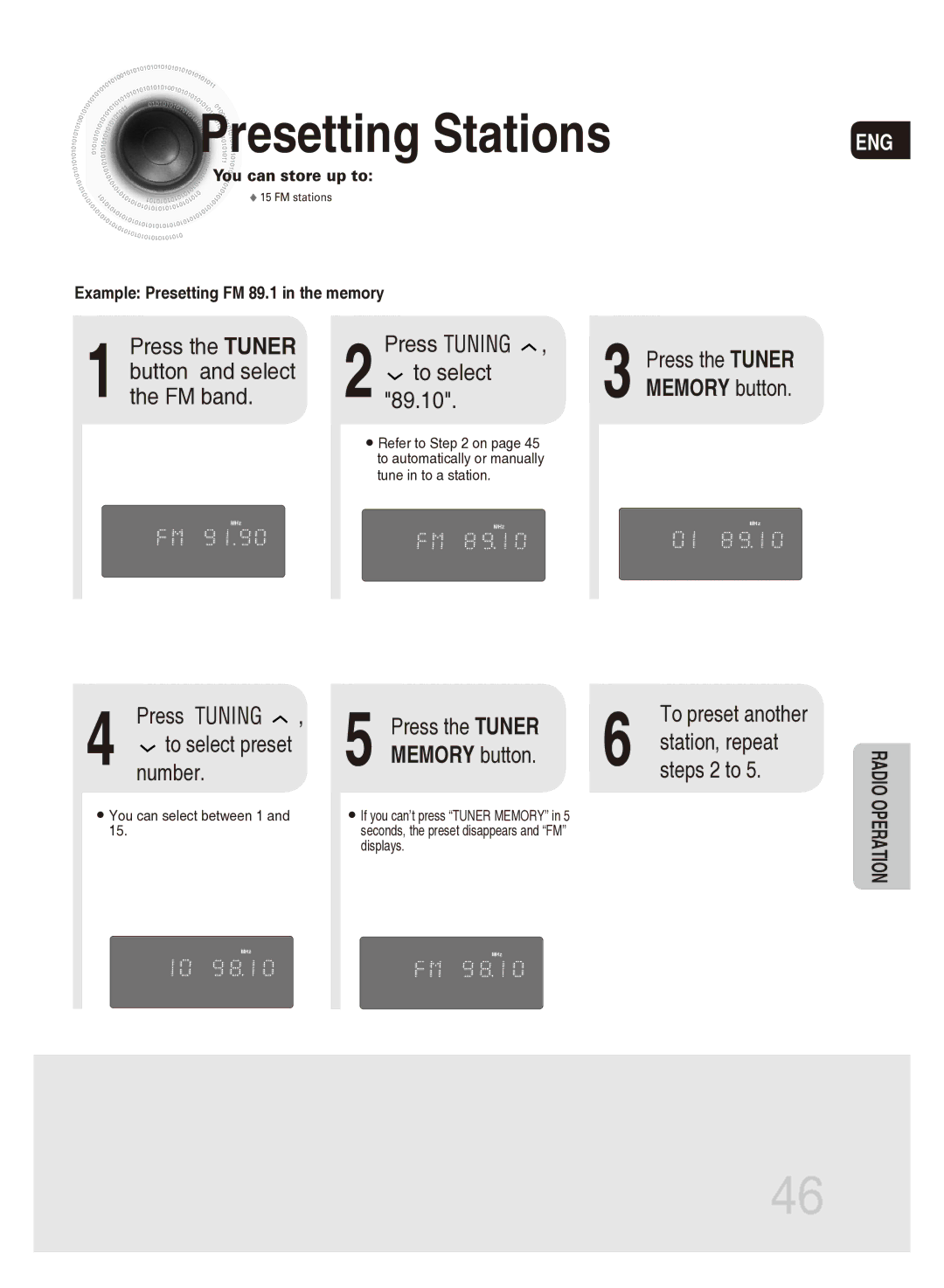 Samsung MM-DG35T/SAM, MM-DG35T/XSA manual Presetting Stations, Number, Memory button, Steps 2 to 