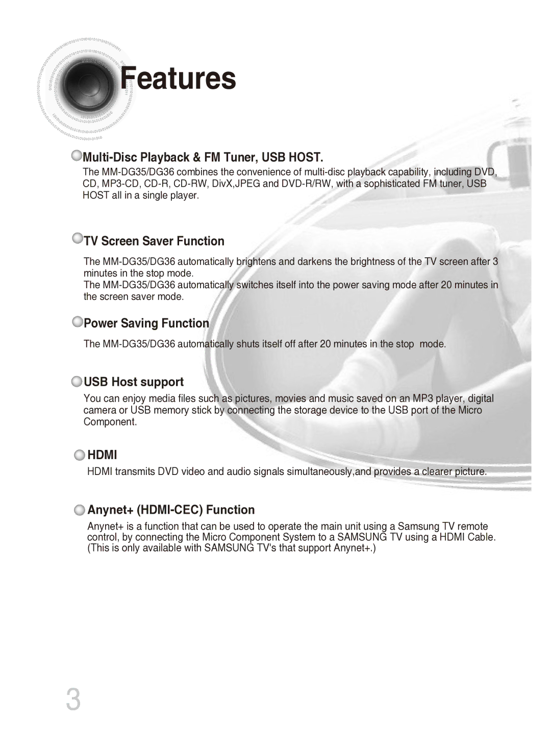 Samsung MM-DG35T/XSA, MM-DG35T/SAM manual Features 