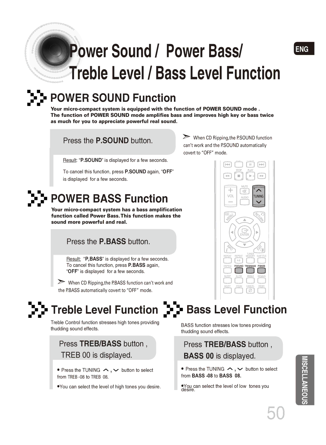 Samsung MM-DG35T/SAM, MM-DG35T/XSA manual Power Sound Function, Press the P.SOUND button, Press the P.BASS button 