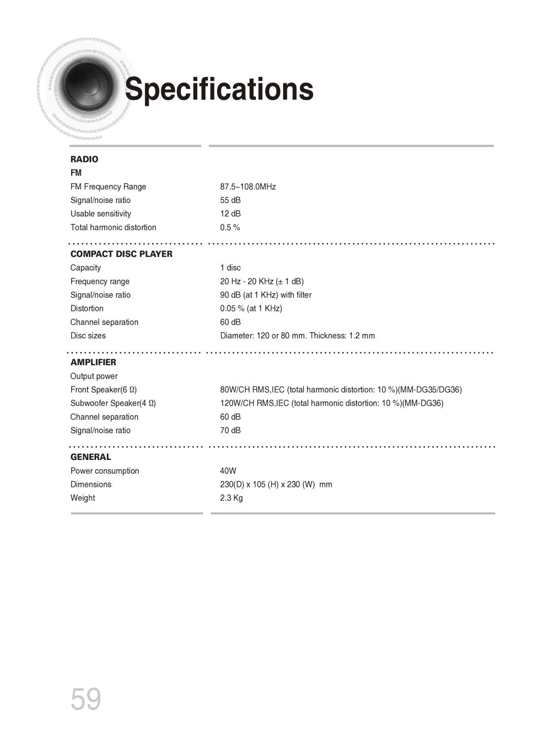 Samsung MM-DG35T/XSA, MM-DG35T/SAM manual Specifications, Radio 