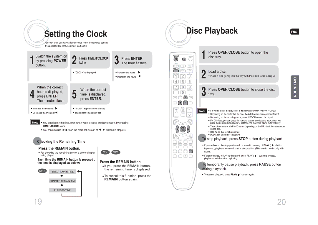 Samsung MM-DG35T/XSA manual Setting the Clock, Disc Playback, Checking the Remaining Time Press the Remain button 