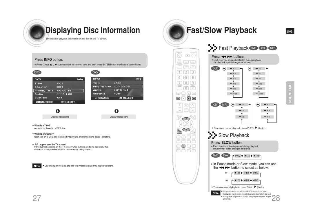 Samsung MM-DG35T/XSA Fast/Slow Playback, Displaying Disc Information, Press Info button, Press buttons, Press Slow button 