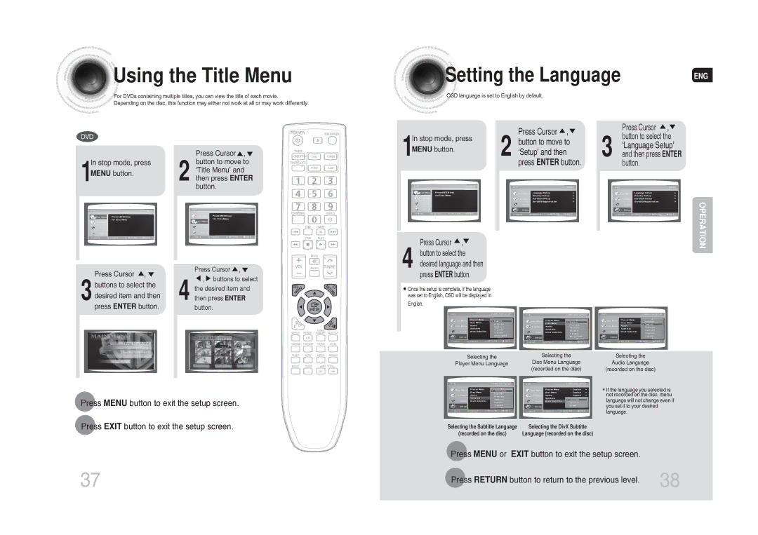 Samsung MM-DG35T/XSA manual Using the Title Menu, Setting the Language 