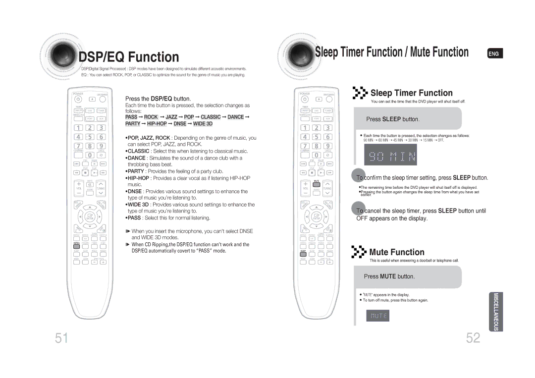 Samsung MM-DG35T/XSA manual DSP/EQ Function, Sleep Timer Function, Mute Function 