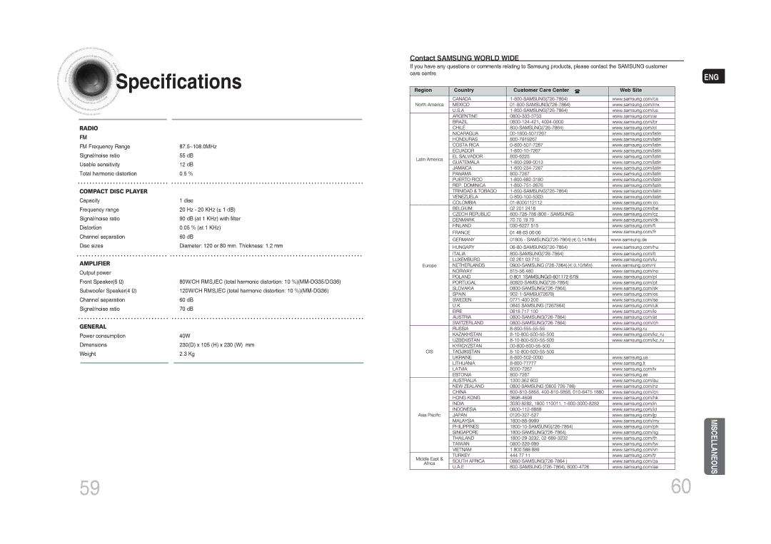 Samsung MM-DG35T/XSA manual Specifications, Contact Samsung World Wide 