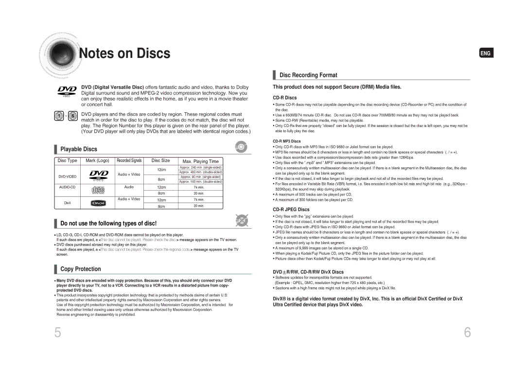 Samsung MM-DG35T/XSA manual Playable Discs, Copy Protection, Disc Recording Format 