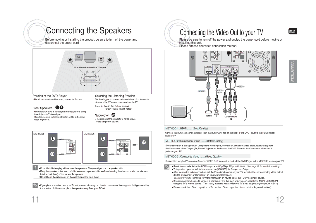 Samsung MM-DG35T/XSA manual Connecting the Speakers, Position of the DVD Player, Selecting the Listening Position 