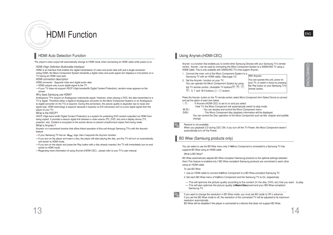 Samsung MM-DG35T/XSA Hdmi Function, Hdmi Auto Detection Function, Using Anynet+HDMI-CEC, BD Wise Samsung products only 