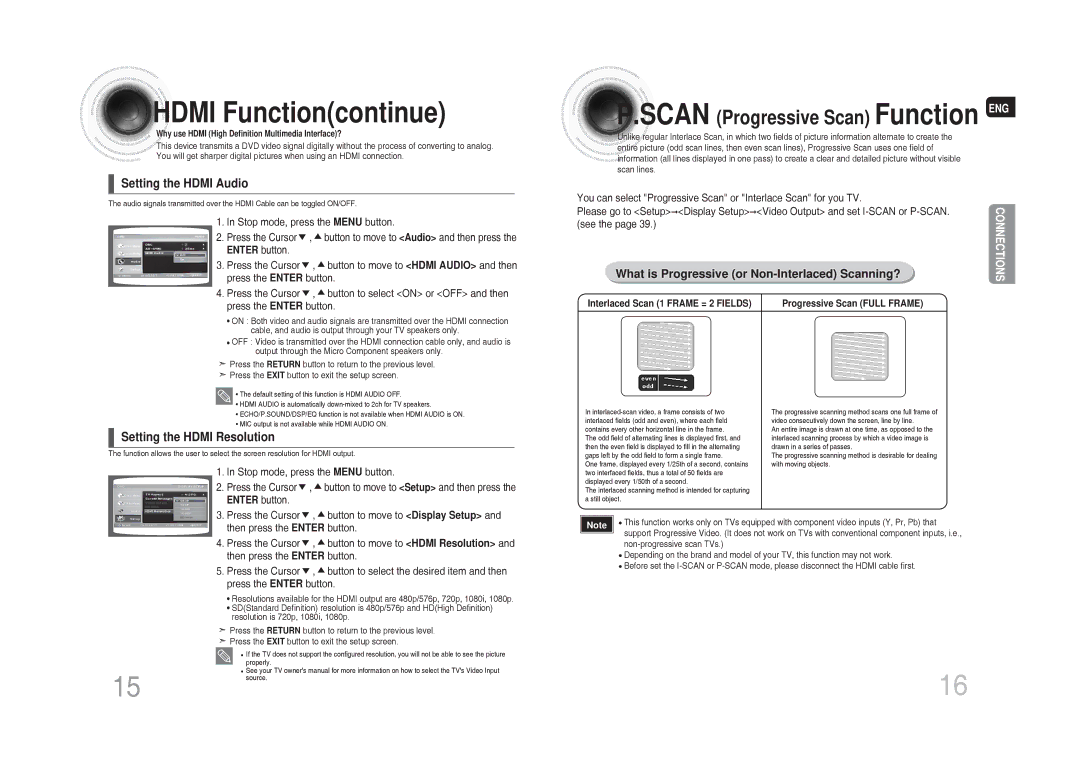 Samsung MM-DG35T/XSA manual Hdmi Functioncontinue, Setting the Hdmi Audio, Setting the Hdmi Resolution 