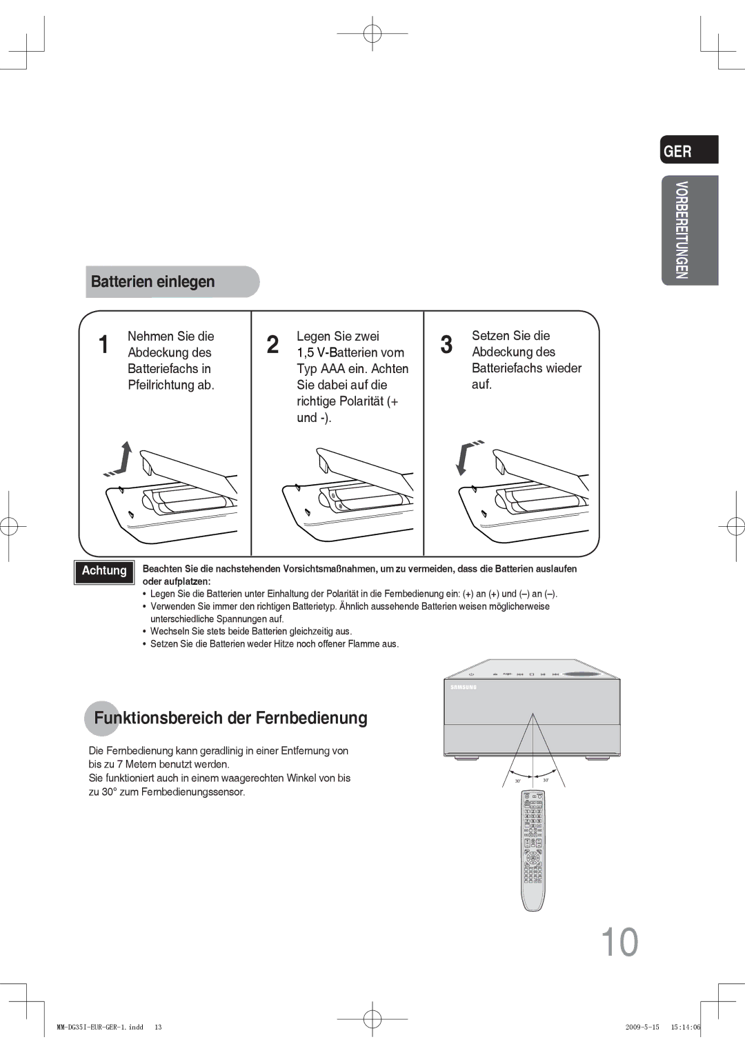 Samsung MM-DG35IR/XEF, MM-DG36IR/EDC, MM-DG35R/EDC, MM-DG35IR/EDC Funktionsbereich der Fernbedienung, Batterien einlegen 