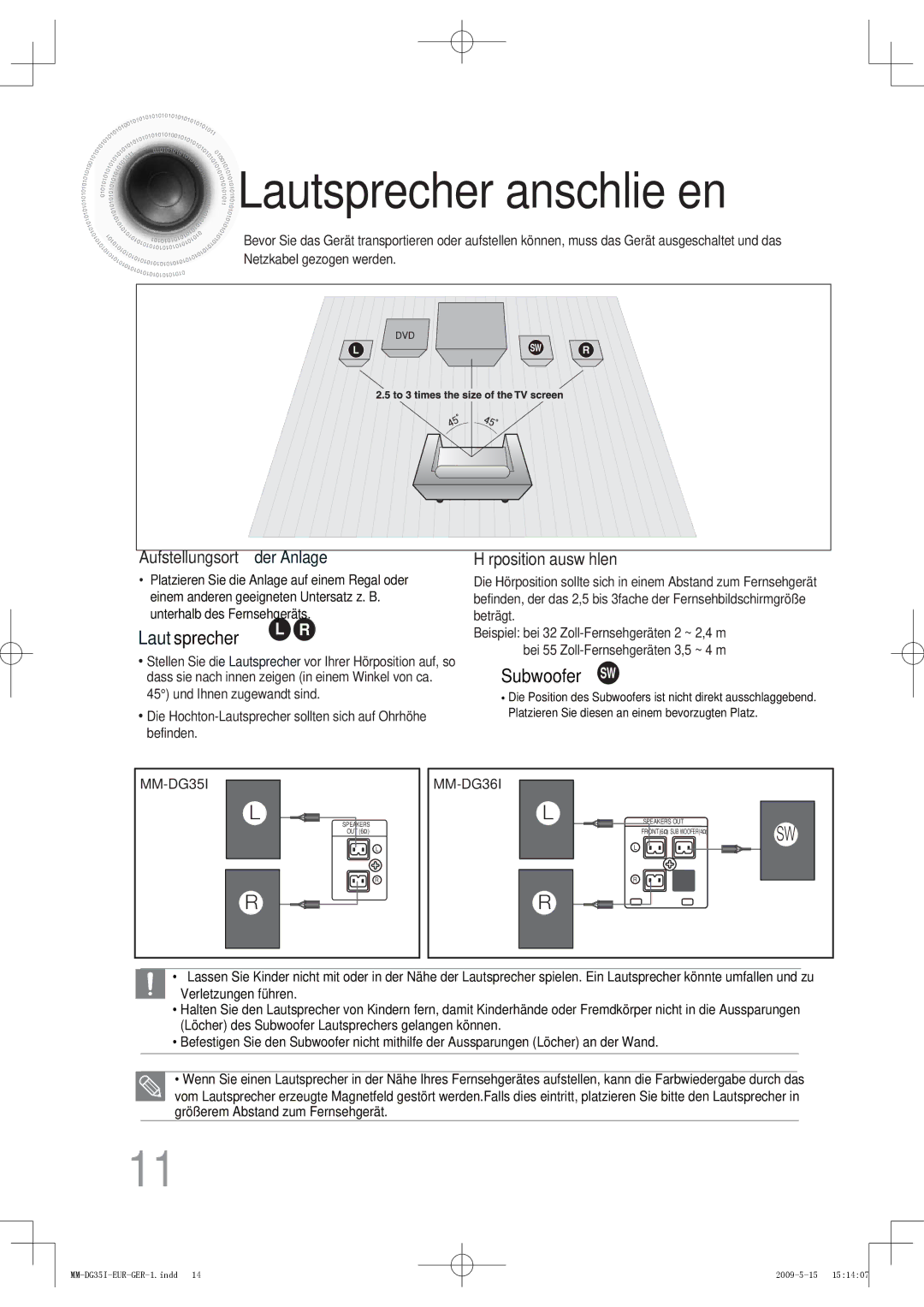 Samsung MM-DG36IR/EDC, MM-DG35R/EDC, MM-DG35IR/EDC, MM-DG35IR/XEF manual Lautsprecher anschließen, Aufstellungsort der Anlage 