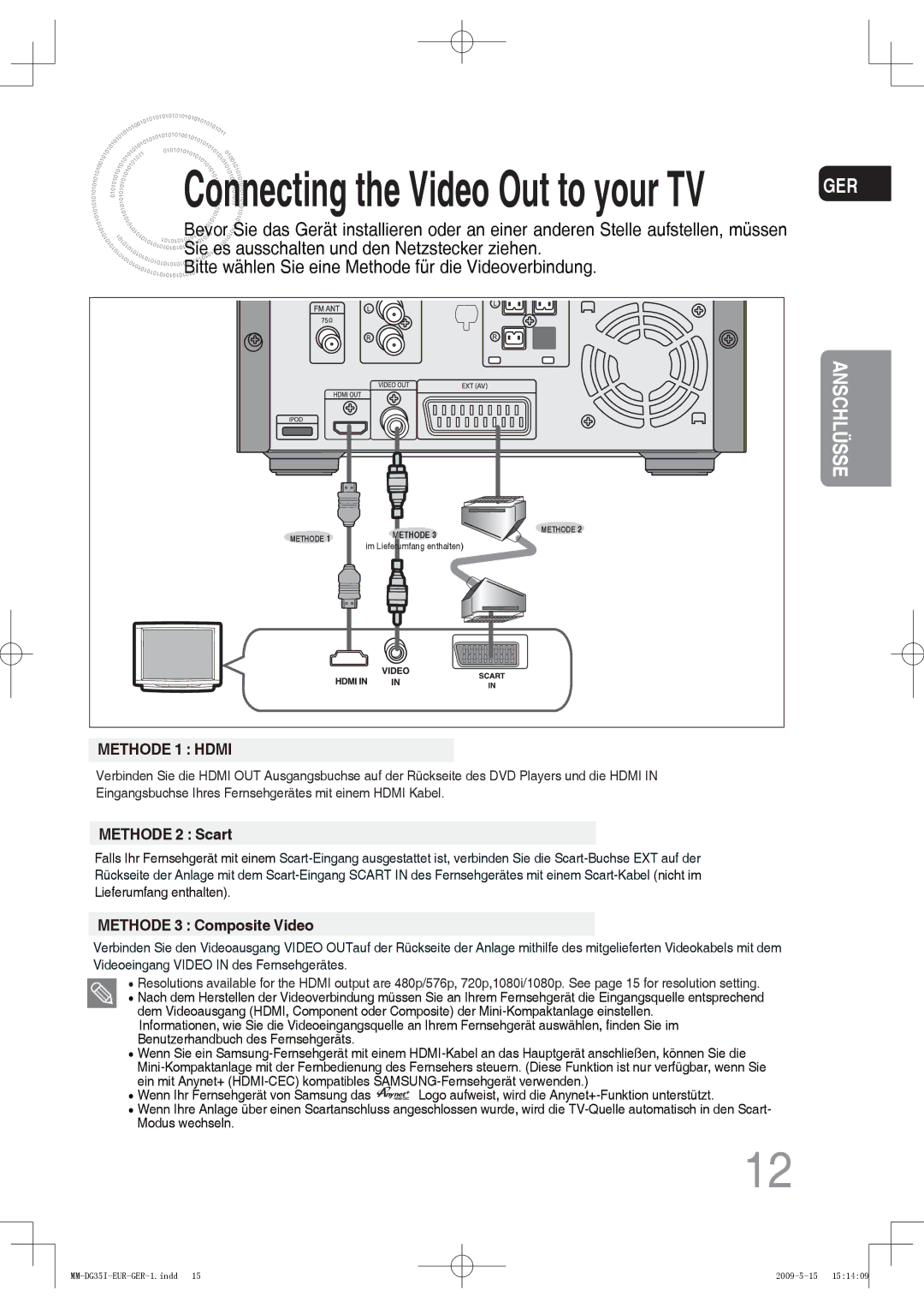 Samsung MM-DG35R/EDC, MM-DG36IR/EDC, MM-DG35IR/EDC, MM-DG35IR/XEF manual Connecting the Video Out to your TV 