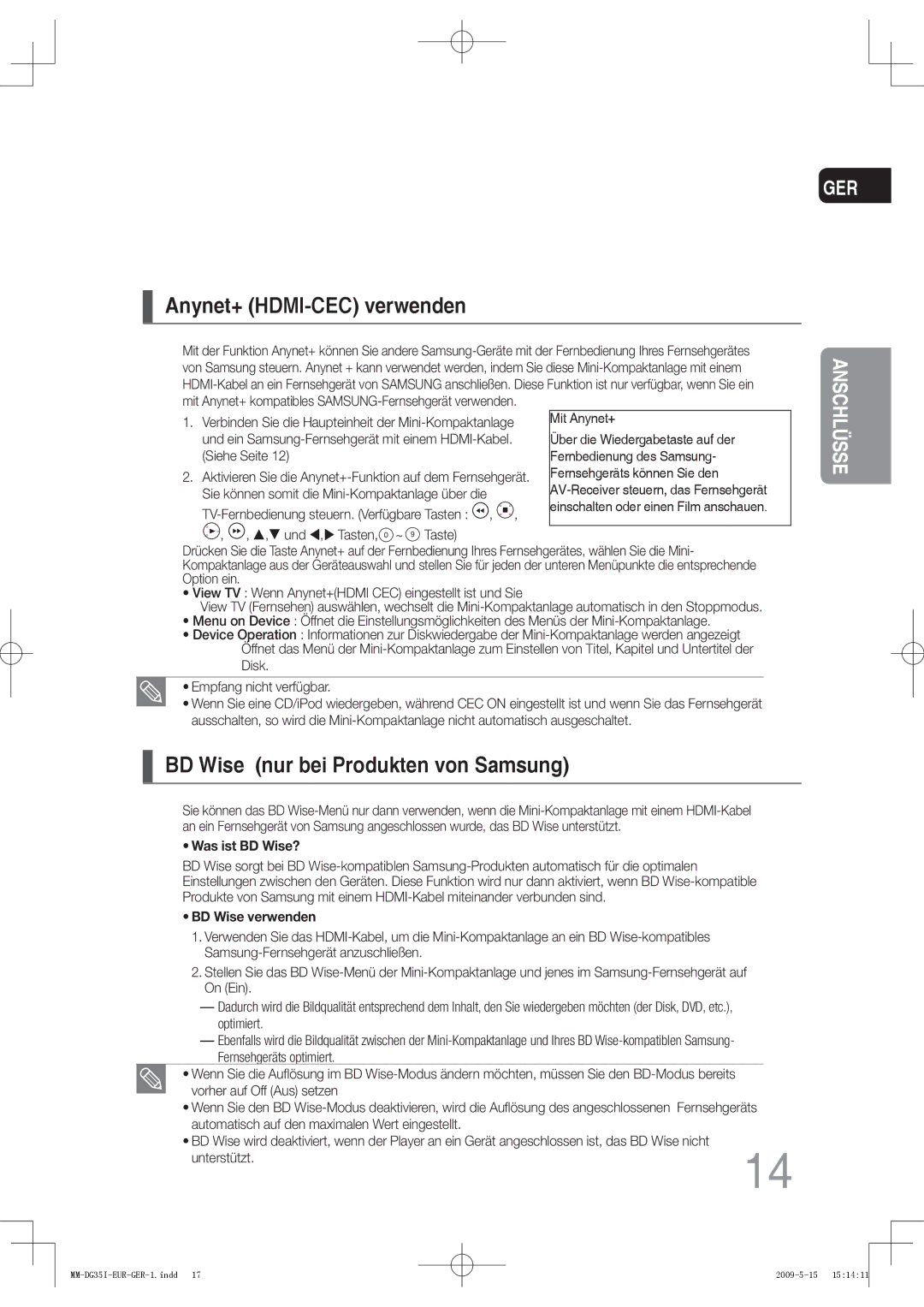 Samsung MM-DG35IR/XEF, MM-DG36IR/EDC, MM-DG35R/EDC manual Anynet+ HDMI-CEC verwenden, BD Wise nur bei Produkten von Samsung 