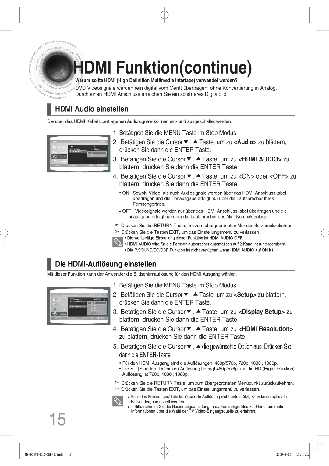 Samsung MM-DG36IR/EDC, MM-DG35R/EDC, MM-DG35IR/EDC manual Hdmi Funktioncontinue, Hdmi Audio einstellen, Dann die ENTER-Taste 