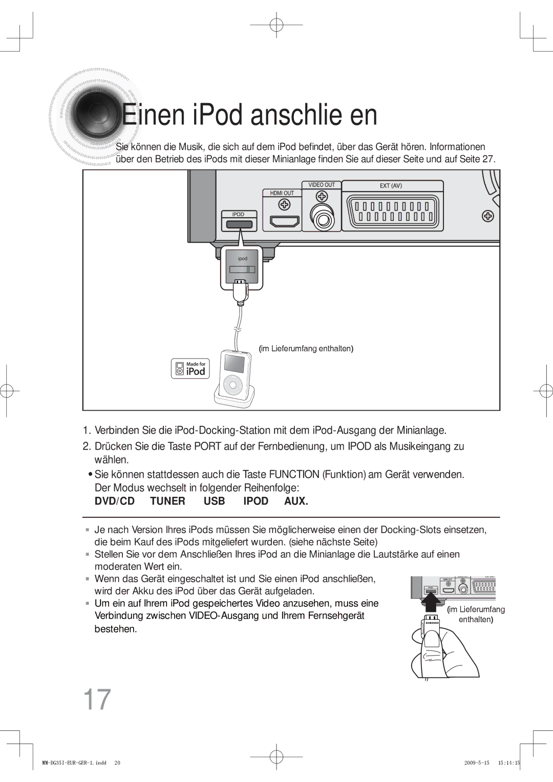 Samsung MM-DG35IR/EDC, MM-DG36IR/EDC, MM-DG35R/EDC, MM-DG35IR/XEF manual Einen iPod anschließen, DVD/CD Tuner USB Ipod AUX 