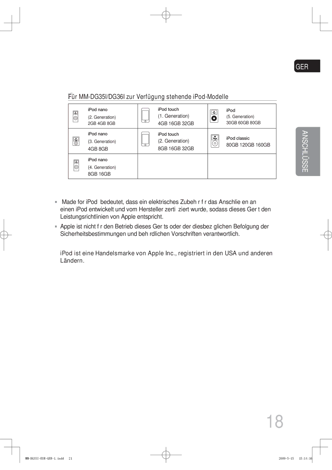 Samsung MM-DG35IR/XEF, MM-DG36IR/EDC, MM-DG35R/EDC, MM-DG35IR/EDC Für MM-DG35I/DG36I zur Verfügung stehende iPod-Modelle 