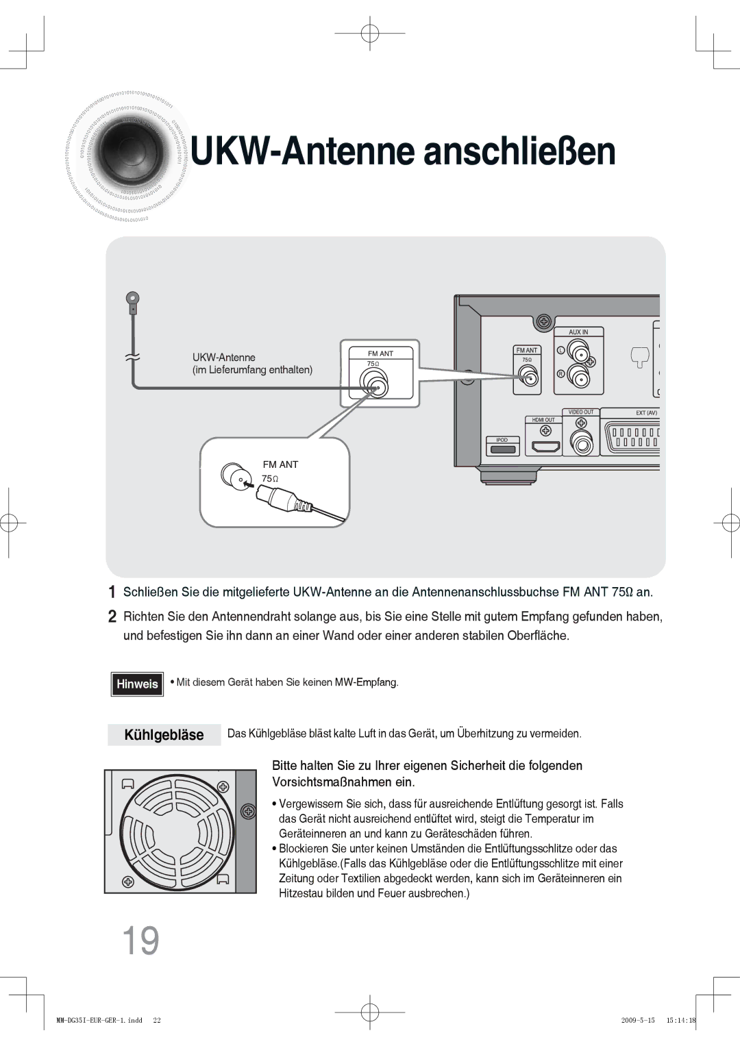 Samsung MM-DG36IR/EDC, MM-DG35R/EDC, MM-DG35IR/EDC, MM-DG35IR/XEF manual UKW-Antenne anschließen 