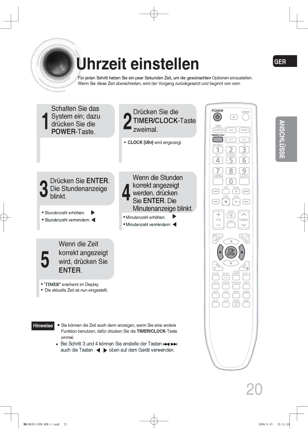 Samsung MM-DG35R/EDC, MM-DG36IR/EDC, MM-DG35IR/EDC, MM-DG35IR/XEF manual Uhrzeit einstellen, 2TIMER/CLOCKzweimal. -Taste 