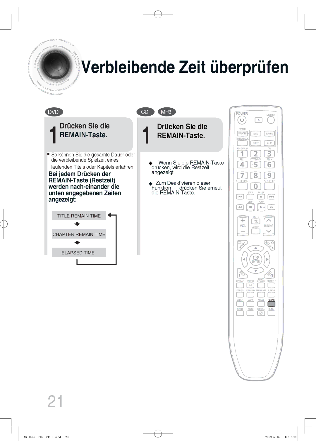 Samsung MM-DG35IR/EDC, MM-DG36IR/EDC, MM-DG35R/EDC, MM-DG35IR/XEF manual Verbleibende Zeit überprüfen 