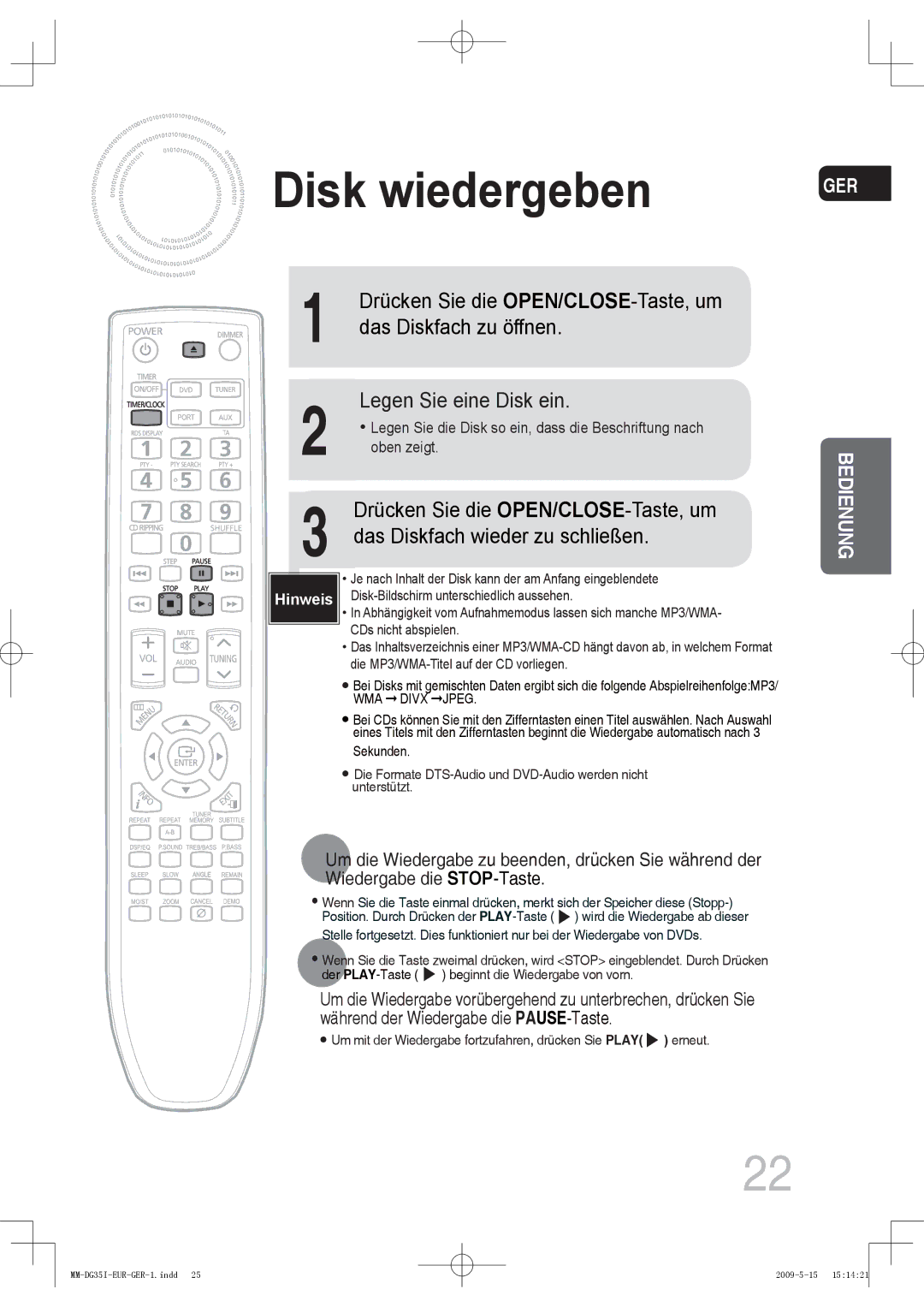 Samsung MM-DG35IR/XEF, MM-DG36IR/EDC, MM-DG35R/EDC, MM-DG35IR/EDC manual Disk wiedergeben 