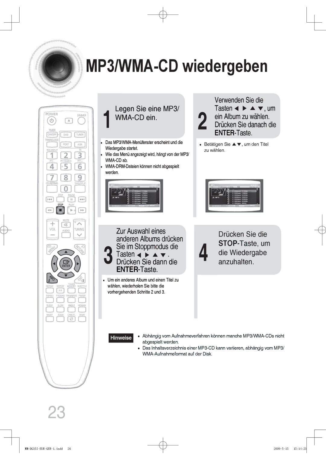 Samsung MM-DG36IR/EDC, MM-DG35R/EDC, MM-DG35IR/EDC manual Legen Sie eine MP3 WMA-CD ein, Verwenden Sie die Tasten , um 