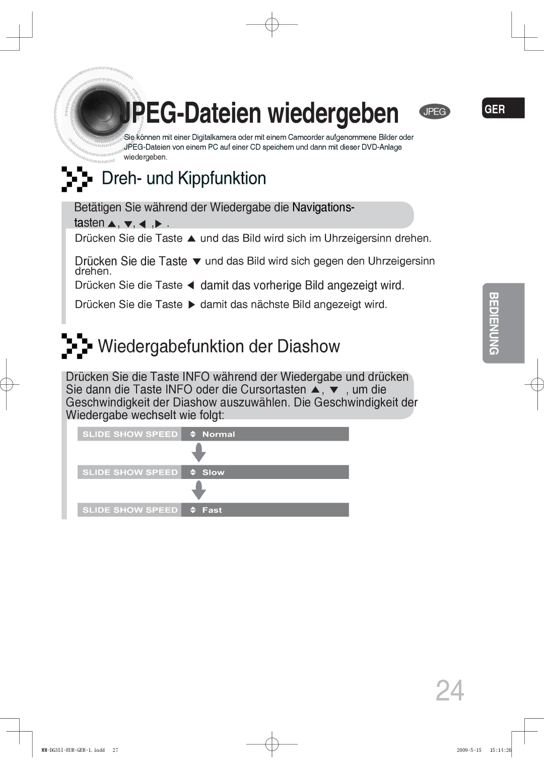 Samsung MM-DG35R/EDC manual JPEG-Dateien wiedergeben Jpeg, Betätigen Sie während der Wiedergabe die Navigations- tasten 