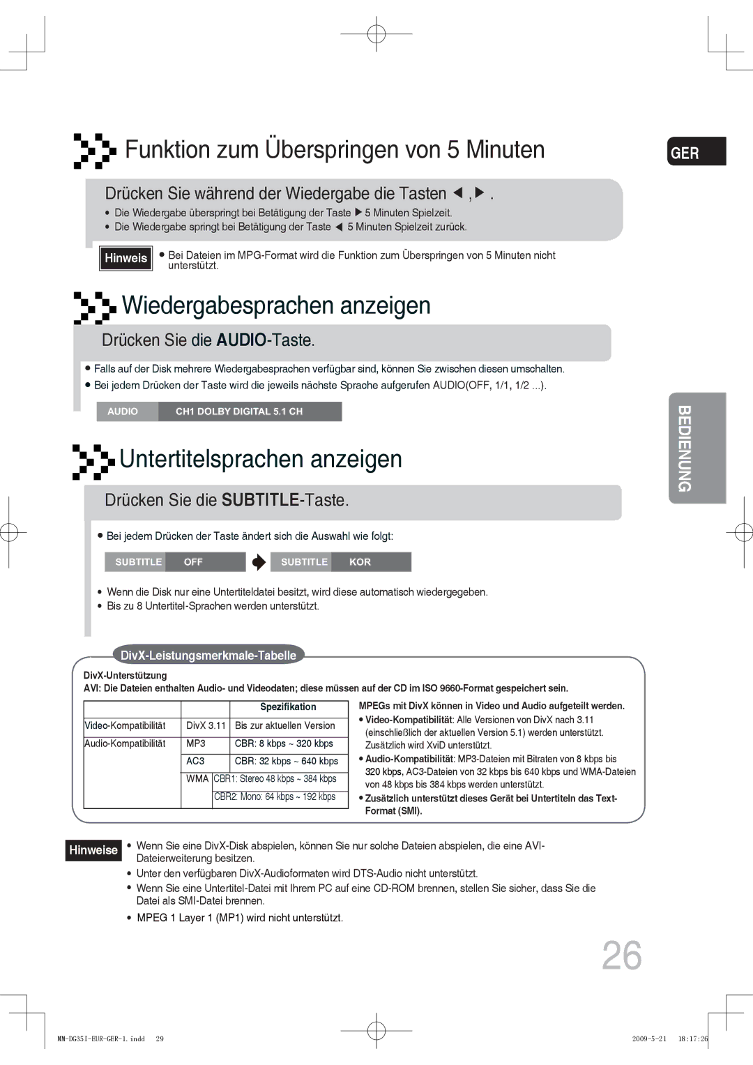 Samsung MM-DG35IR/XEF, MM-DG36IR/EDC, MM-DG35R/EDC manual Drücken Sie die AUDIO-Taste, Drücken Sie die SUBTITLE-Taste 