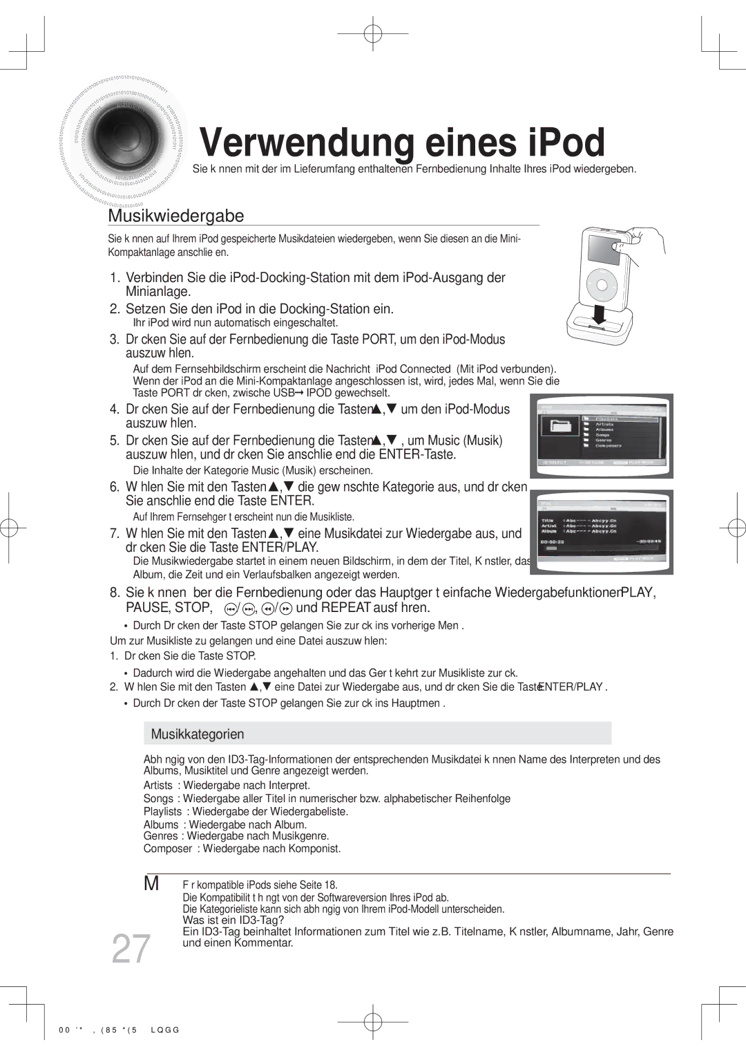 Samsung MM-DG36IR/EDC, MM-DG35R/EDC, MM-DG35IR/EDC, MM-DG35IR/XEF manual Verwendung eines iPod, Musikwiedergabe 