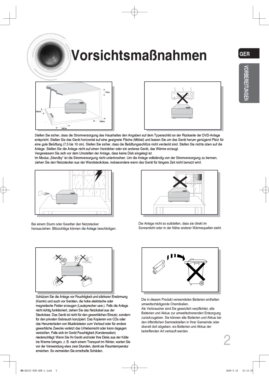 Samsung MM-DG35IR/XEF, MM-DG36IR/EDC, MM-DG35R/EDC, MM-DG35IR/EDC manual Vorsichtsmaßnahmen GER, Vorbereitungen 