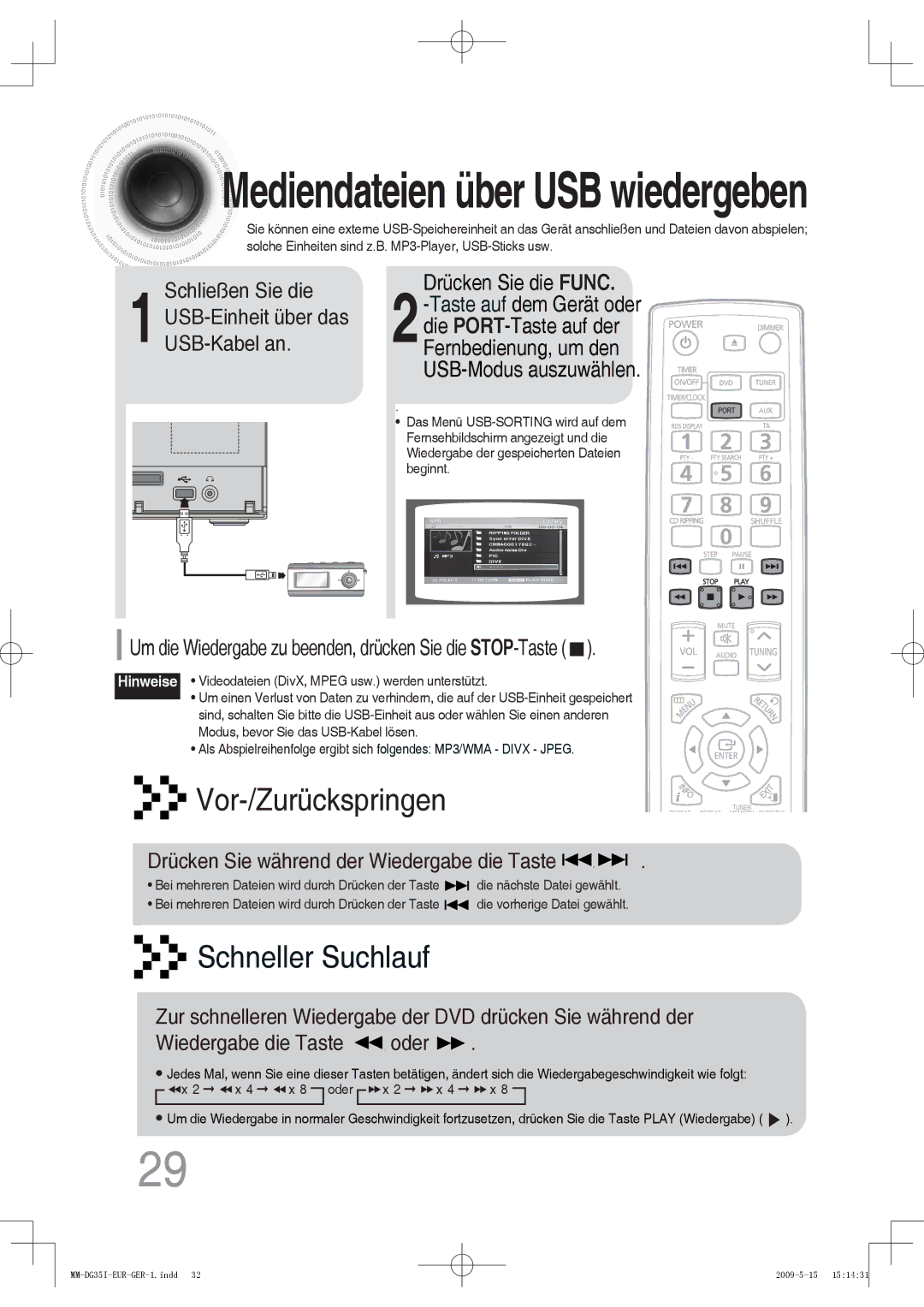 Samsung MM-DG35IR/EDC, MM-DG36IR/EDC manual Drücken Sie die Func, Um die Wiedergabe zu beenden, drücken Sie die STOP-Taste 