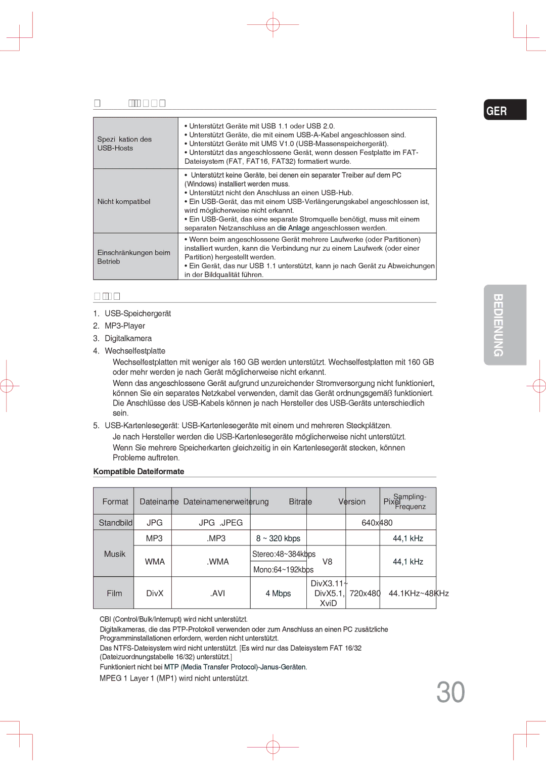 Samsung MM-DG35IR/XEF, MM-DG36IR/EDC, MM-DG35R/EDC, MM-DG35IR/EDC manual Speziﬁkation des USB-Hosts 