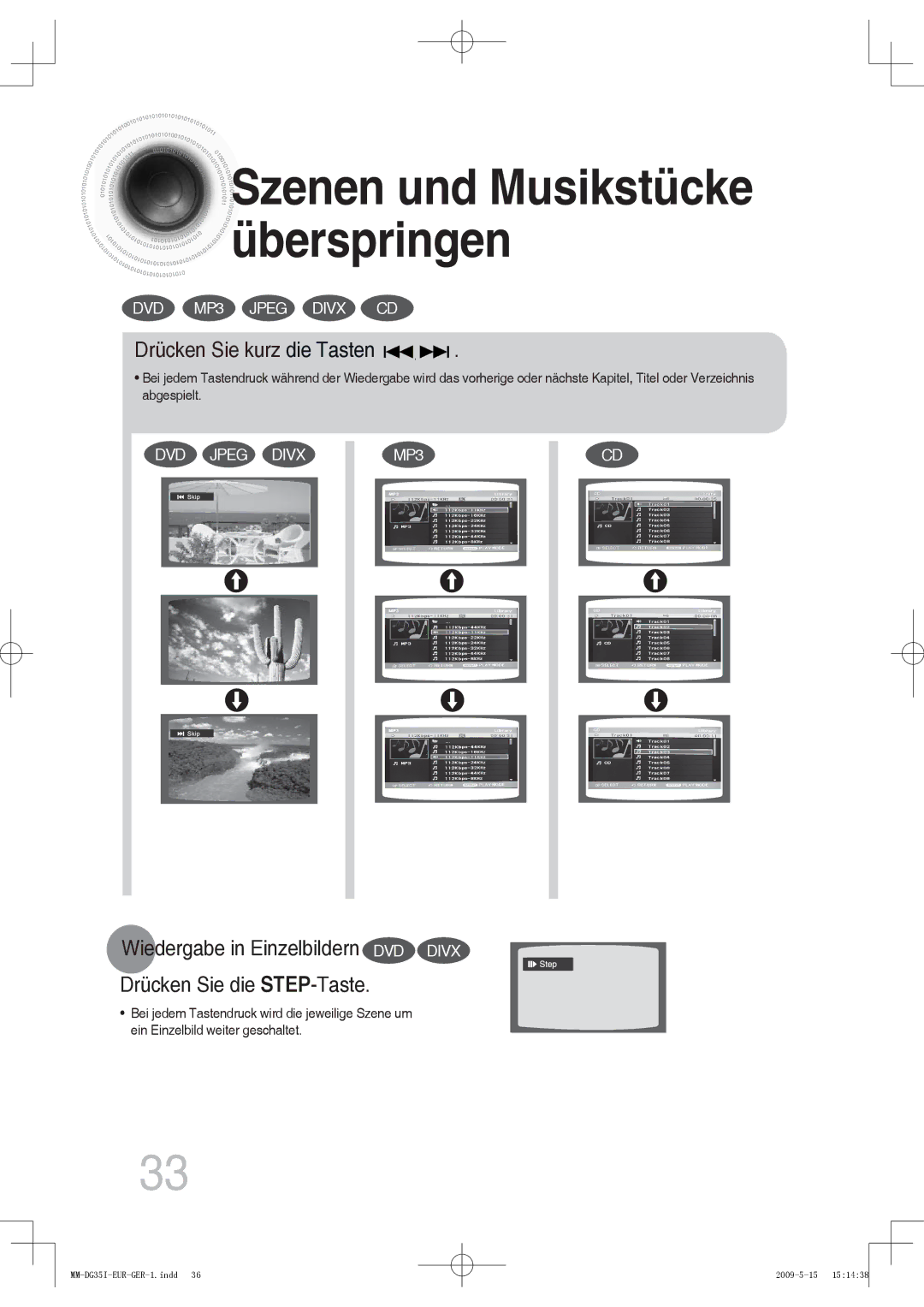 Samsung MM-DG35IR/EDC, MM-DG36IR/EDC, MM-DG35R/EDC, MM-DG35IR/XEF manual Szenen und Musikstücke überspringen 