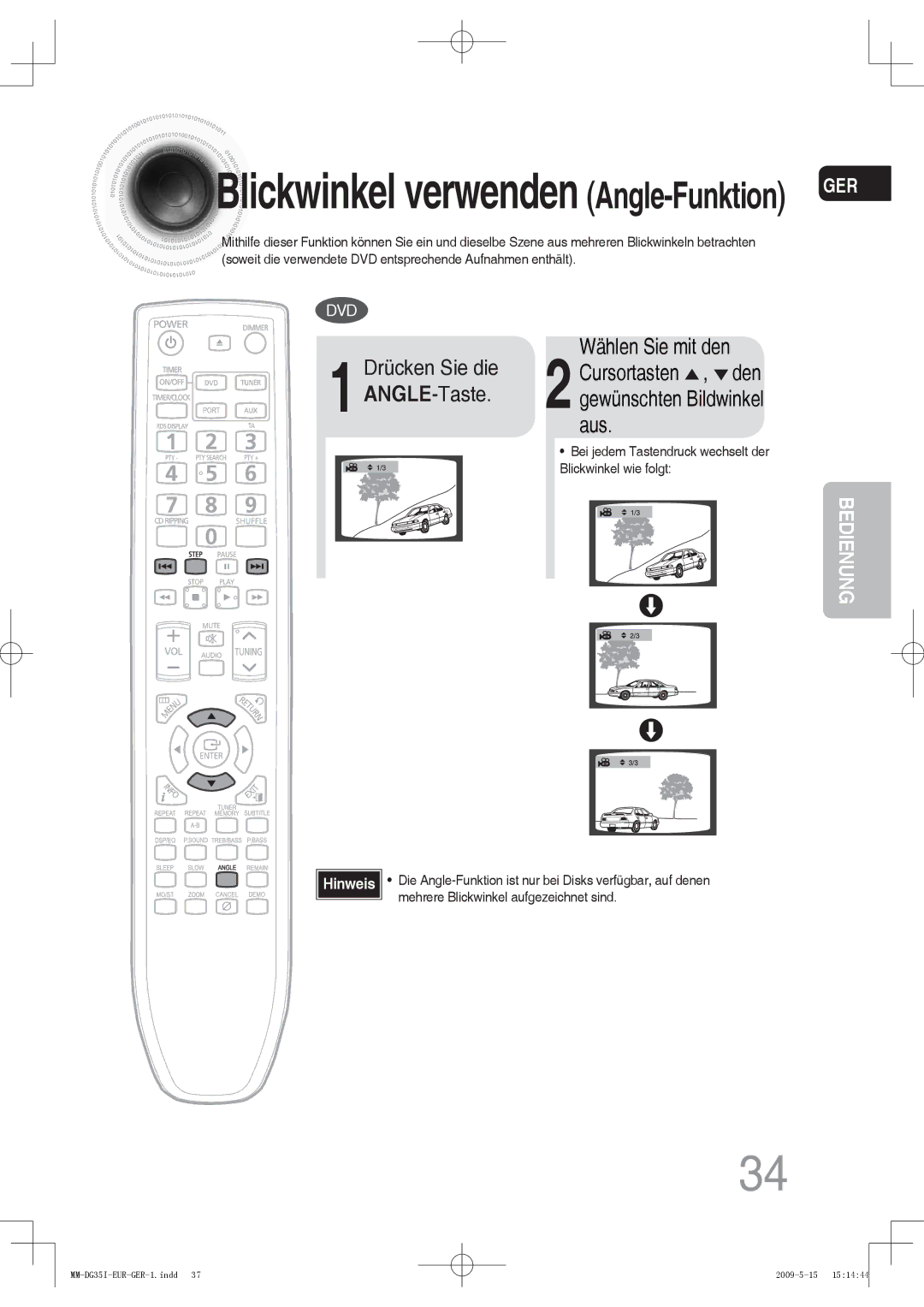 Samsung MM-DG35IR/XEF, MM-DG36IR/EDC, MM-DG35R/EDC, MM-DG35IR/EDC manual Blickwinkel verwenden Angle-FunktionGER 