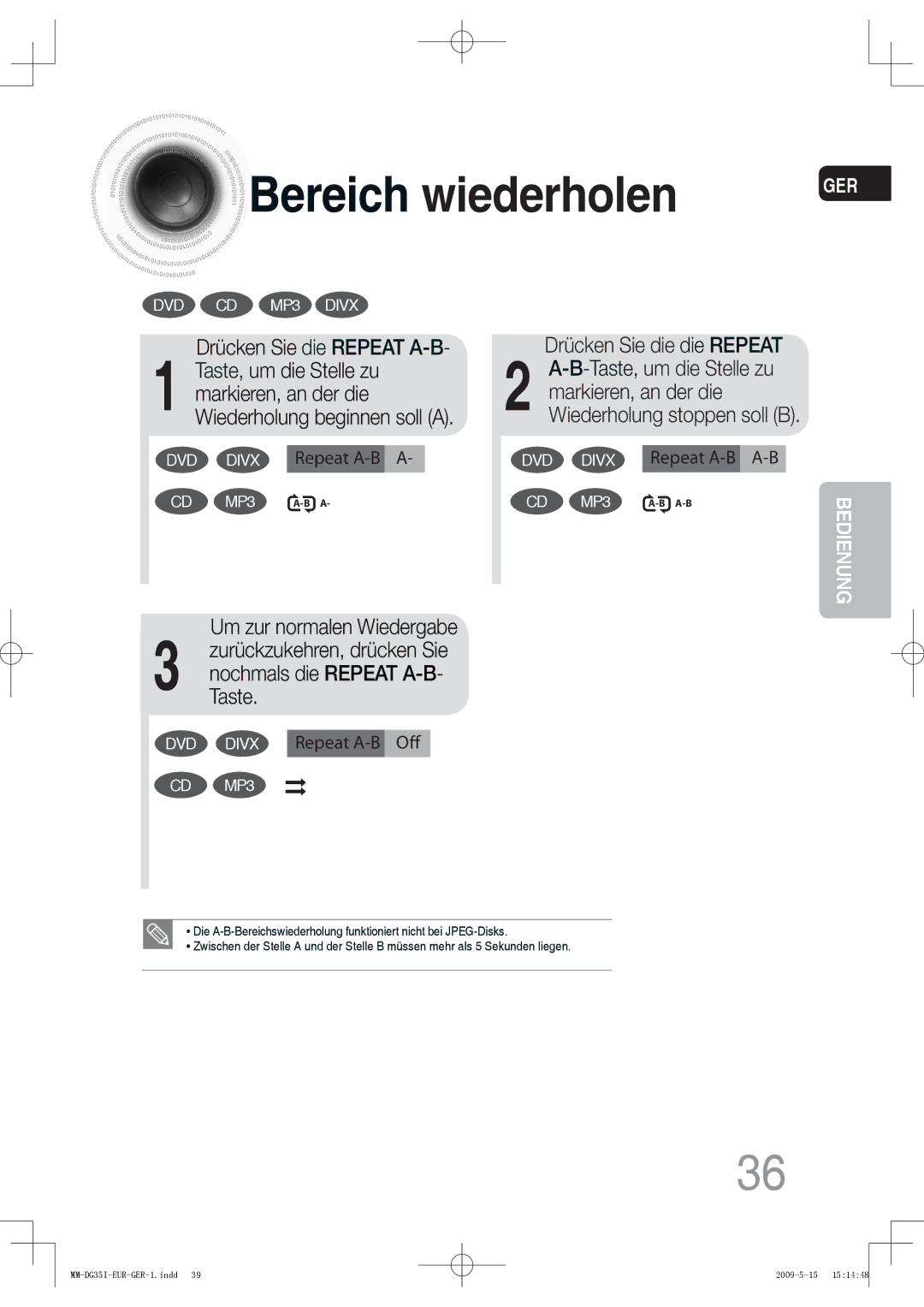 Samsung MM-DG35R/EDC, MM-DG36IR/EDC, MM-DG35IR/EDC, MM-DG35IR/XEF manual Bereich wiederholen, Drücken Sie die Repeat A-B 