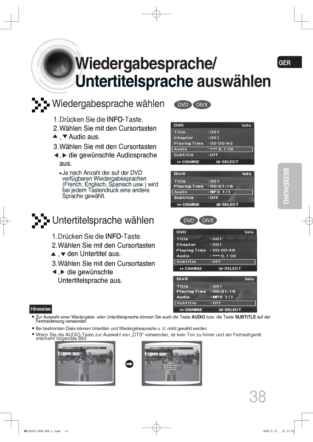 Samsung MM-DG35IR/XEF, MM-DG36IR/EDC, MM-DG35R/EDC, MM-DG35IR/EDC manual Wiedergabesprache/ GER, Drücken Sie die INFO-Taste 