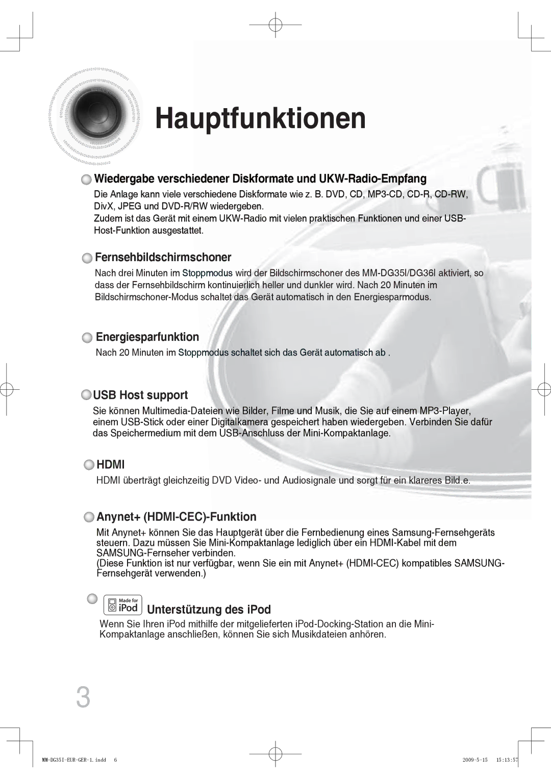 Samsung MM-DG36IR/EDC, MM-DG35R/EDC manual Hauptfunktionen, Wiedergabe verschiedener Diskformate und UKW-Radio-Empfang 