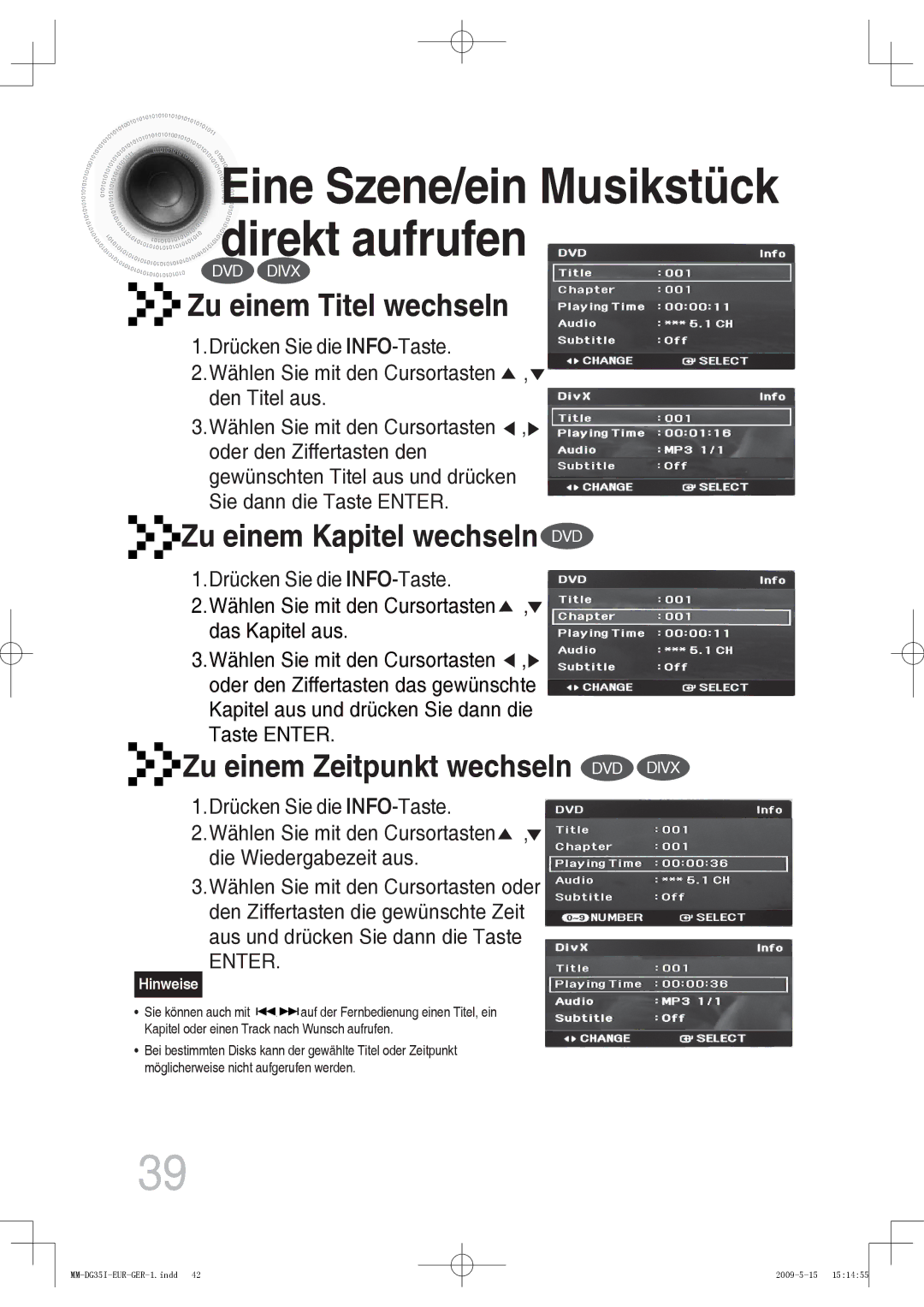 Samsung MM-DG36IR/EDC, MM-DG35R/EDC, MM-DG35IR/EDC, MM-DG35IR/XEF manual Eine Szene/ein Musikstück direkt aufrufen 