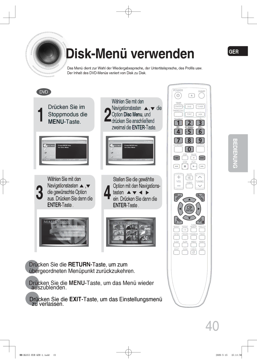 Samsung MM-DG35R/EDC, MM-DG36IR/EDC, MM-DG35IR/EDC manual Disk -Menü verwenden, Wählen Sie mit den, Stellen Sie die gewählte 