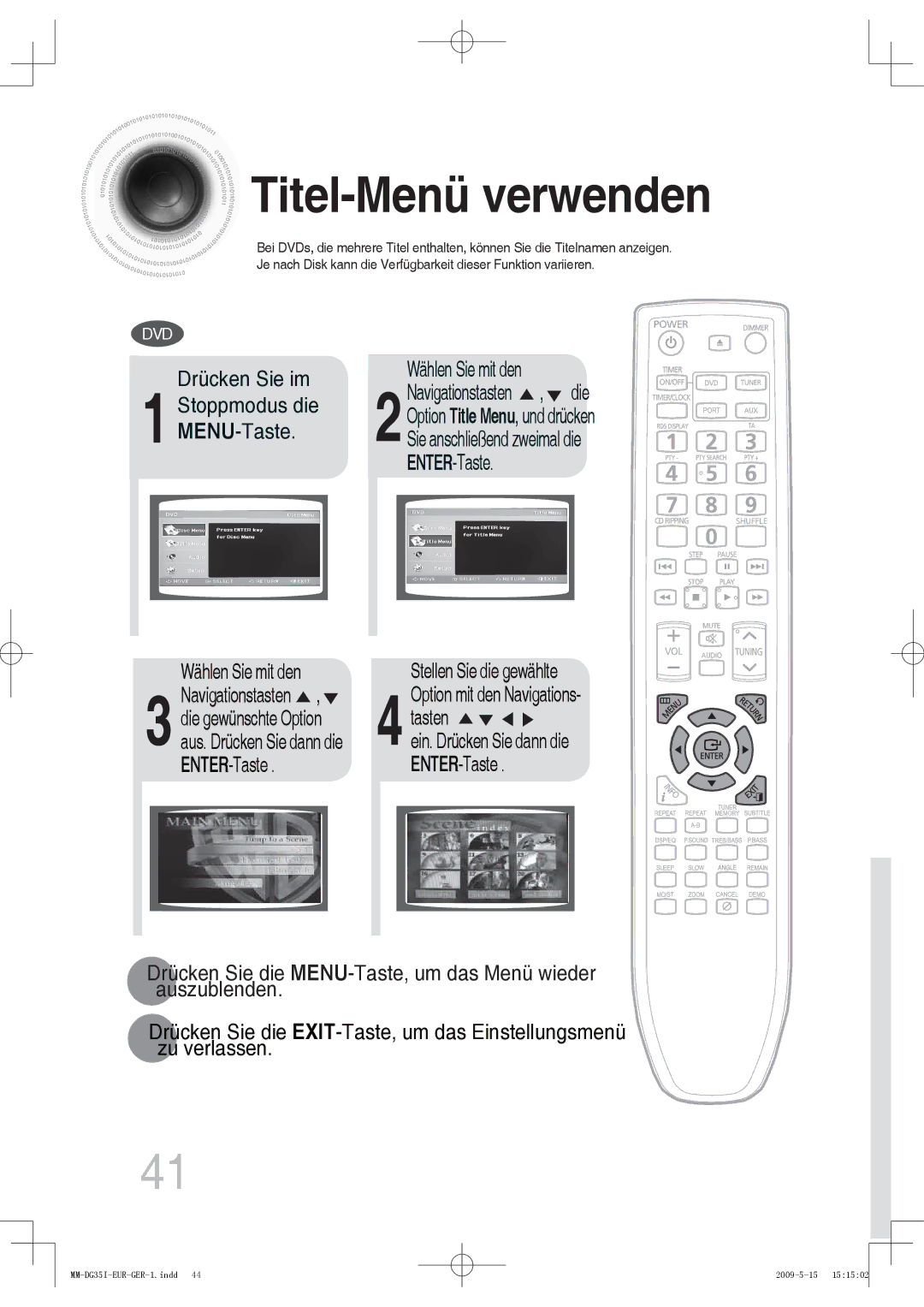 Samsung MM-DG35IR/EDC, MM-DG36IR/EDC, MM-DG35R/EDC, MM-DG35IR/XEF manual Titel-Menü verwenden, Wählen Sie mit den 