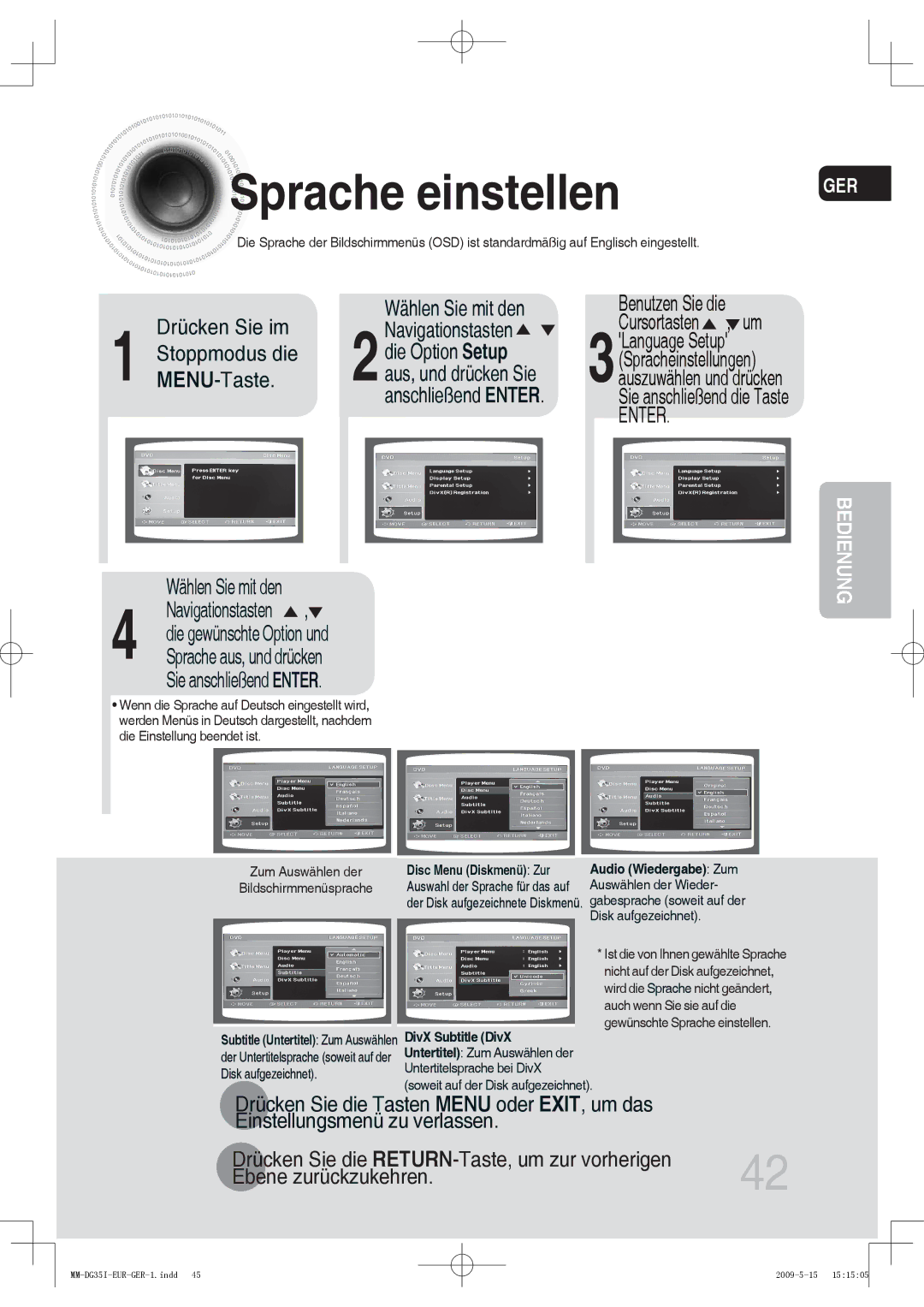 Samsung MM-DG35IR/XEF, MM-DG36IR/EDC manual Sprache einstellen, Benutzen Sie die Cursortasten , um, Ebene zurückzukehren 